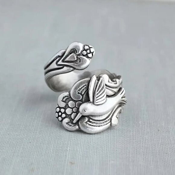 Boho Flower and Hummingbird Adjustable Spoon Ring #1357 - Picture 1 of 14